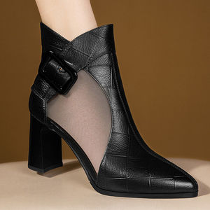 足意尔康真皮网靴2022新款夏季镂空高跟凉鞋女粗跟时尚百搭凉靴女