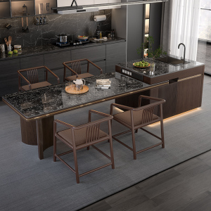 新中式岛台餐桌轻奢大平层别墅导台一体开放式厨房星空黑岩板餐台