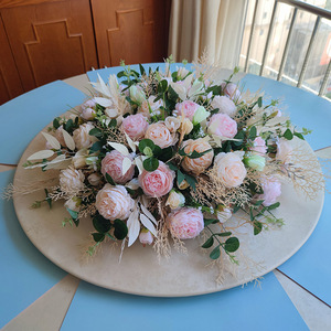 森系酒店餐桌中间摆花饭店圆桌转盘仿真装饰餐厅桌面摆放假花插花