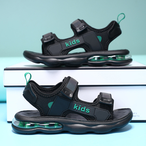 品牌男童凉鞋气垫运动旅游鞋2024夏季露趾大童防滑黑绿儿童沙滩鞋