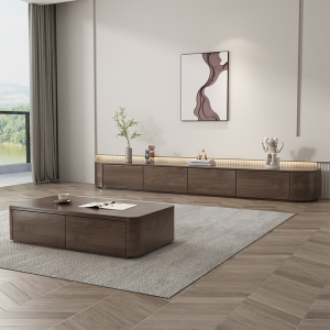 极简实木落地电视柜茶几套装简约现代客厅大小户型墙壁地柜原木色