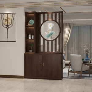 新中式屏风玄关隔断柜实木遮挡入户进门现代置物间厅鞋柜一体定制