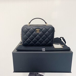 二手chanel香奈儿牛皮黑金化妆箱盒子包单肩手提包
