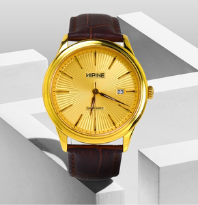 西普尼金表男纯金手表石英男表999足金男士手表带金表男款日历