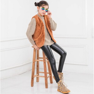 加绒加厚高腰pu皮裤儿童女中大童裤打底裤外穿秋冬新款亮光保暖m