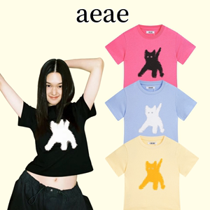 【官方正品】韩国AEAE短袖女像素猫咪反光印花纯圆领棉宽松T恤女
