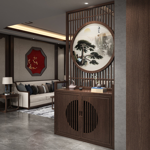 新中式玄关柜鞋柜门厅柜实木屏风隔断客厅复古镂空装饰遮挡入户门