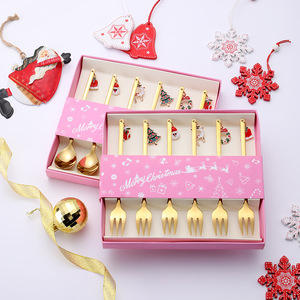 可爱不锈钢金色水果叉套装创意果签插小奢华甜品叉勺圣诞餐具礼品