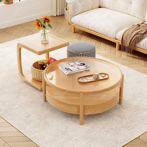原木岩板圆形茶几小户型客厅电视柜北欧可移动玻璃边几茶桌椅组合