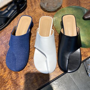 韩国东大门分趾人字拖个性夹脚小粗跟牛仔布低跟包头半拖鞋女外穿