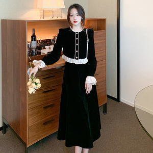 赫本风黑色气质金丝绒套装裙女春季高级感长袖外套半身裙子两件套