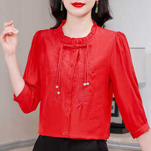 新中式中袖上衣女七分袖高端木耳领衬衫夏季刺绣盘扣红色休闲衬衣