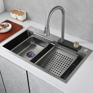 飞雨一体式枪灰色大单槽厨房304不锈钢洗菜盆池台下盆洗碗槽水槽