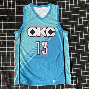 雷霆队13号保罗乔治球衣 0威少 威斯布鲁克 蓝色城市版 白色球裤