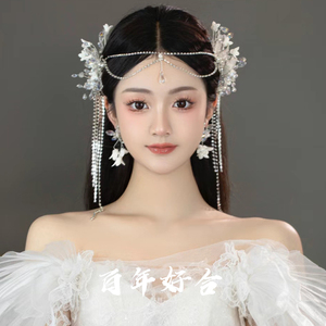 新娘头饰韩式森系手工串珠花朵流苏边夹水晶额饰婚礼高级感发饰品