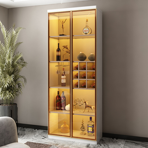 茶色玻璃双门酒柜靠墙现代轻奢酒柜小型简约客厅储物柜带灯展示柜