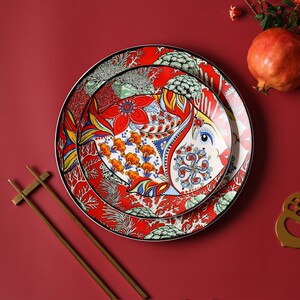 盘子中式风创意精致陶瓷碗盘牛排盘西餐盘红色餐具喜庆菜盘家用