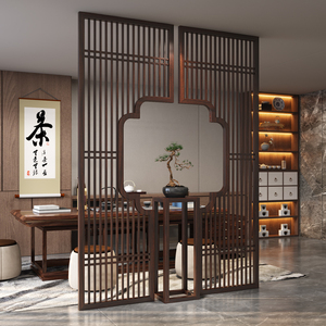 新中式实木屏风隔断客厅办公司茶室入户玄关简约现代装饰禅意格栅