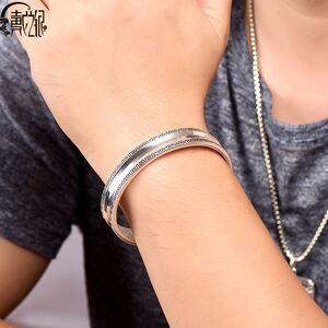 银手镯男款纯银实心大气个性宽简约潮人复古风9999足银饰男士镯子