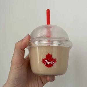 tims迷你墩墩杯吸管杯冷水钠钙玻璃可爱便携咖啡网杯红吸管杯水杯