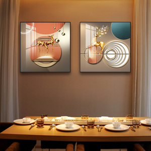 餐厅挂画现代轻奢晶瓷画双联餐桌背景墙面装饰画防水无甲醛黄金鹿