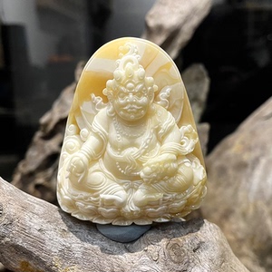 名家雕刻精品原矿白蜜黄财神吊坠正品收藏级琥珀蜜蜡珠宝项链礼品