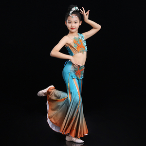 儿童傣族舞滇南映少舞蹈《灵》演出服鱼尾裙云南西双版纳孔雀舞裙