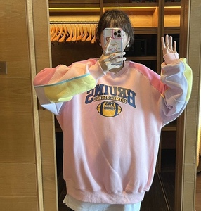 大码韩国女装2024冬季新款立体包边粉紫撞色棒球字母印花加绒卫衣
