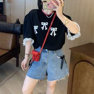 大码韩国女装夏季新款胖mm蝴蝶结蕾丝拼接短袖黑色套头T恤上衣女