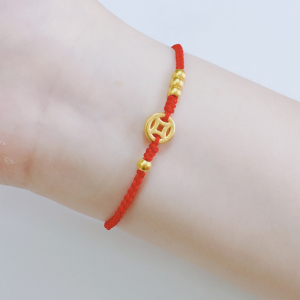 黄金铜钱手链编织女纯金古钱币金豆豆转运珠红绳 999足金钱币手绳