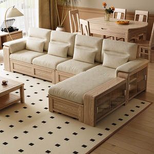 白蜡木实木沙发北欧储物冬夏两用原木轻奢现代客厅转角小户型组合