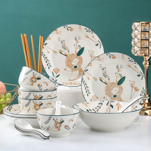 创意陶瓷碗家用一鹿有你吃饭碗网红沙拉碗卡通小鹿兰棕大花