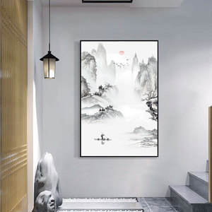 新中式玄关装饰墙画竖版禅意客厅山水挂画中国风书房茶室水墨壁画