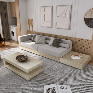 日式实木榻榻米双人家用客厅小户型地台布艺简约原木组合沙发定制