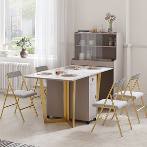 轻奢岩板折叠餐桌餐边柜一体多功能可伸缩现代家用小户型隐形桌子