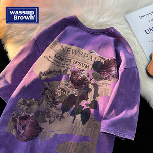 WASSUP紫色上衣水洗做旧短袖男T恤夏季美式复古重磅潮牌小众半袖