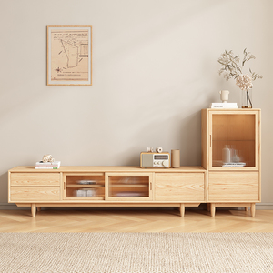 集杉日式白蜡木实木电视柜北欧简约客厅小户型矮柜储物原木柜墙柜