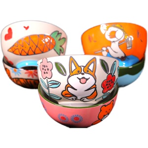 陈太手绘碗卡通可爱多彩手绘餐具陶瓷盛菜沙拉水果零食的摆件碗