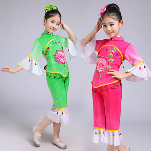 儿童演出服喜庆扇子舞蹈服新款秧歌服民族舞古典表演服红绿色元旦