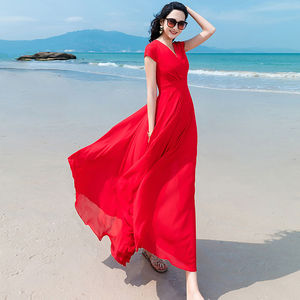 度假风雪纺连衣裙女夏季2023新款沙滩裙红色长款修身显瘦长裙超仙