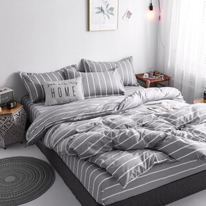 四件套北欧风简约条纹灰色韩式日系潮牌网红男生床单被套床上用品