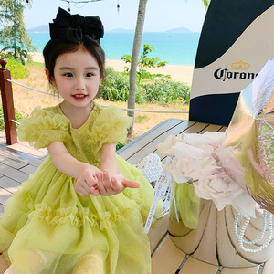 六一儿童演出服绿色连衣裙女童新款夏蓬蓬网纱幼儿园表演公主裙子