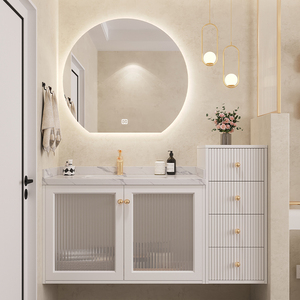 美式轻奢岩板高低浴室柜镜柜组合现代简约橡木智能卫生间洗漱台盆