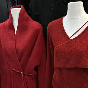 新中式复古酒红不规则设计毛呢外套女冬季新款针织拼接羊绒上衣潮