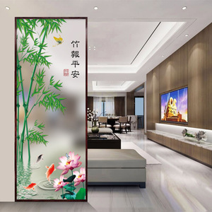 竹子艺术玻璃客厅隔断鞋柜中式屏风画双面透光定制铝合金边框配套