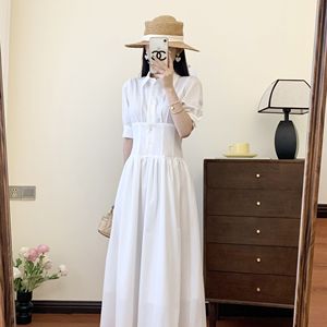 韩系衬衣裙迷人2024年清新大方白色长款过膝收腰短袖连衣裙