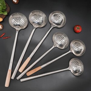 不锈钢漏勺大号柄加手柄炒漏长勺饭店酒店商用厨师钢木菜漏壳过