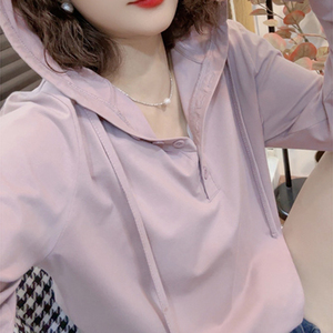 连帽长袖T恤女秋季2024新款韩版百搭气质高级感上衣纯色休闲卫衣