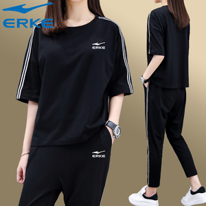 鸿星尔克运动套装女夏季2022新款宽松休闲运动服短袖短裤两件套潮