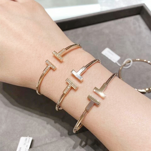 tiffany/蒂芙尼 t系列 双t开口手镯 18k玫瑰金镶钻 女士手环